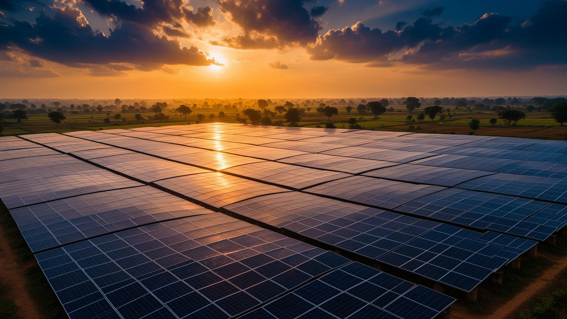 Solar farm at sunset in Andhra Pradesh