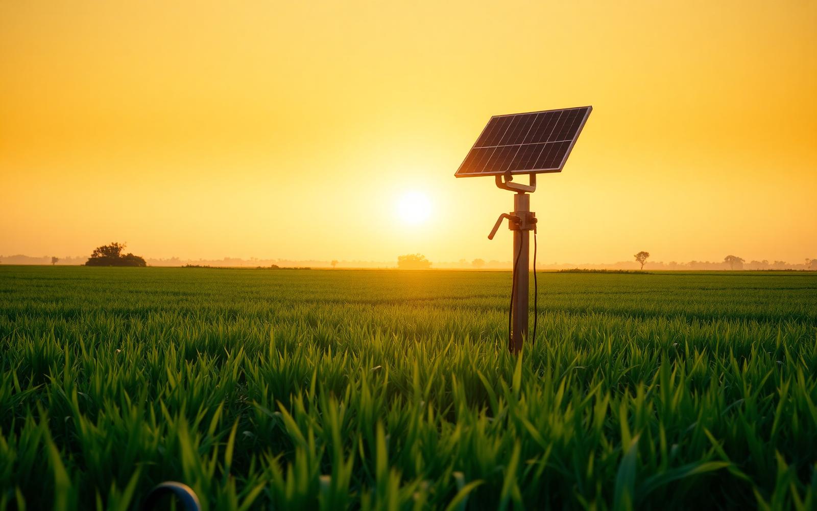 Solar pump in agricultural field at sunset